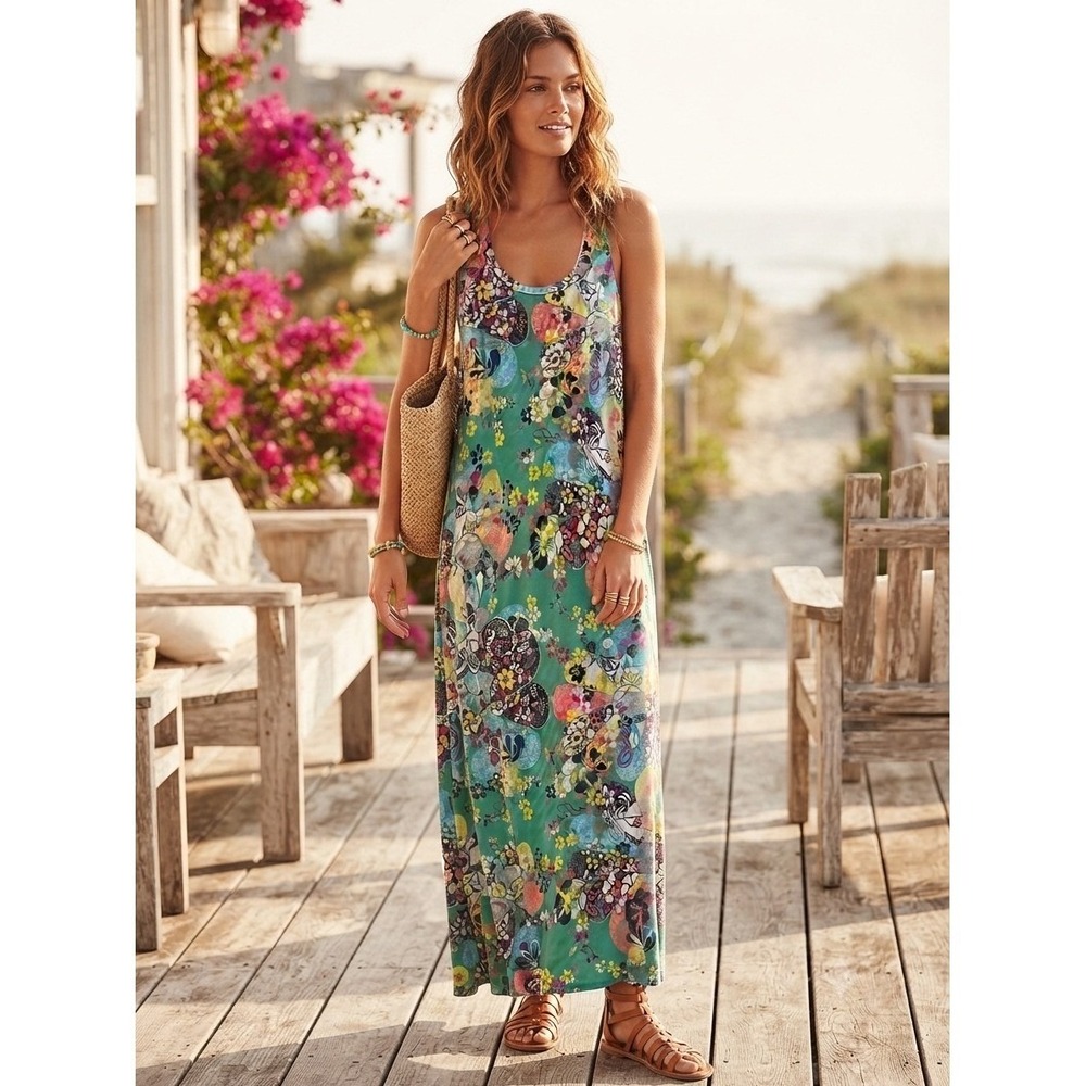 Judith March Aqua Floral Geometric Sleeveless Racerback Maxi Dress Size Large